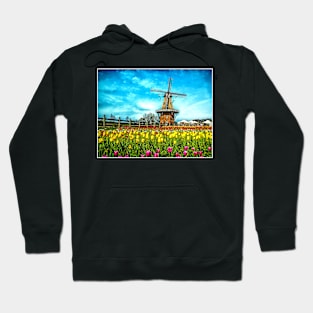 Windmill with Tulips Landscape Dutch Netherlands Scenic Print Hoodie